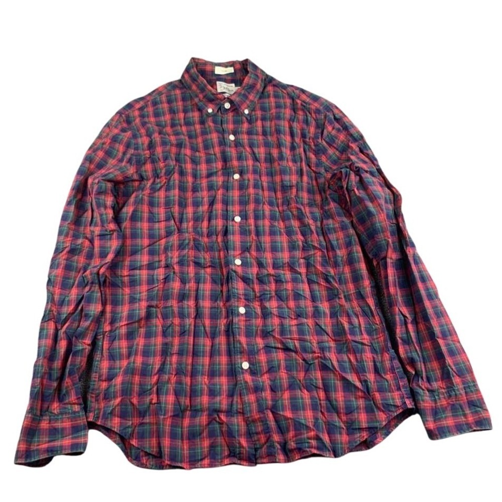 J.Crew Shirt Men M Red Green Navy Secret Wash Slim Plaid Pocket‎ Button Down